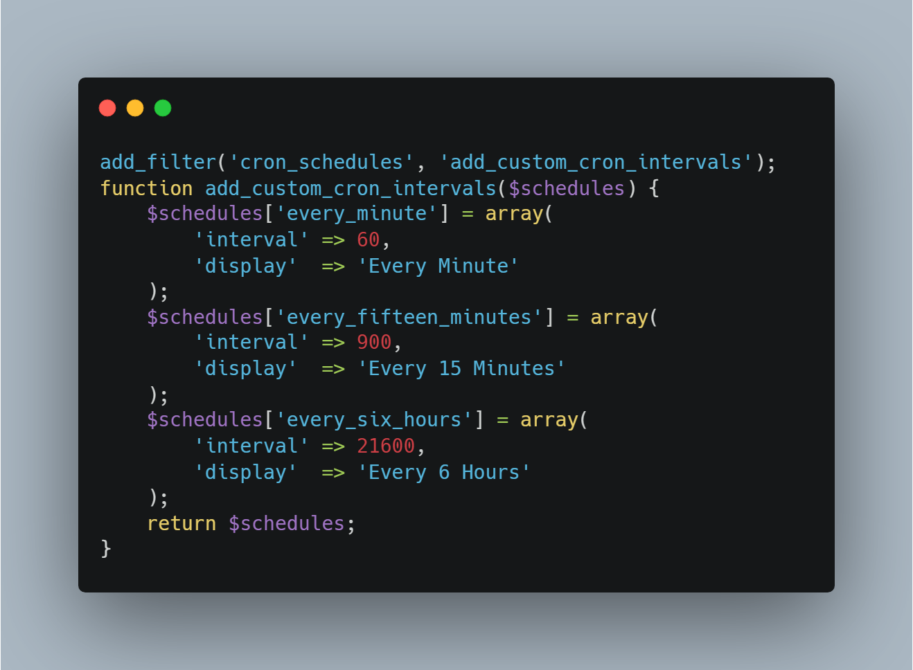 Creating custom intervals requires adding code to your theme's functions.php or a custom plugin